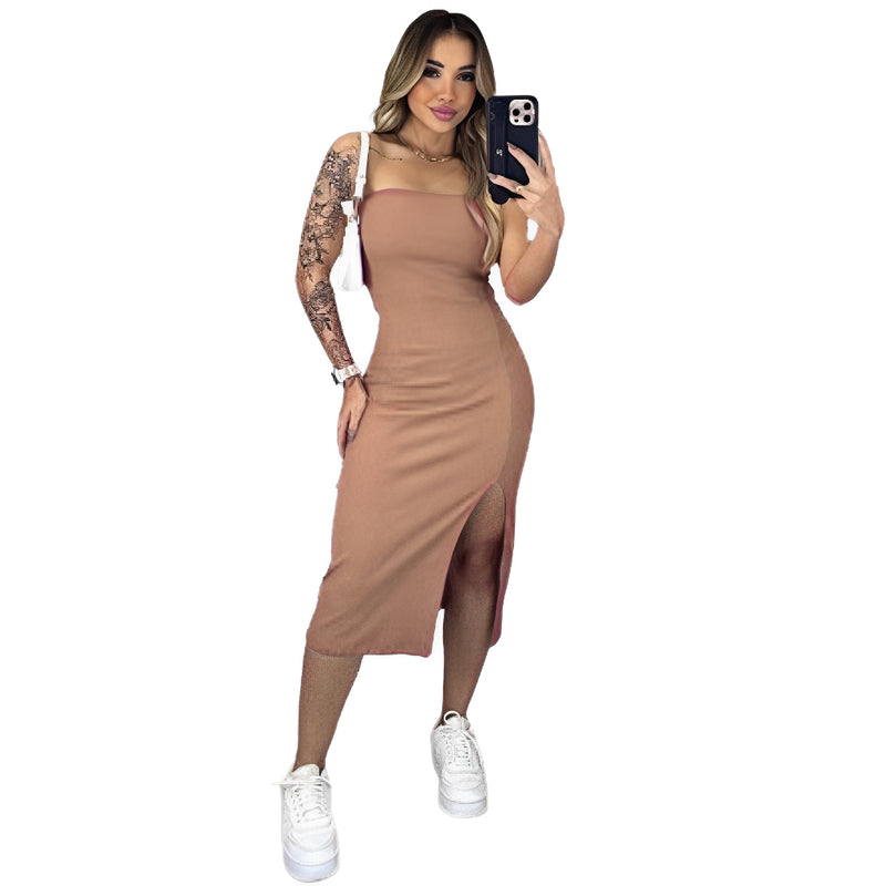 Vestido Midi tomara que caia com fenda