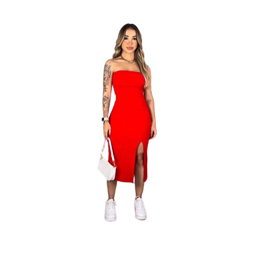 Vestido Midi tomara que caia com fenda