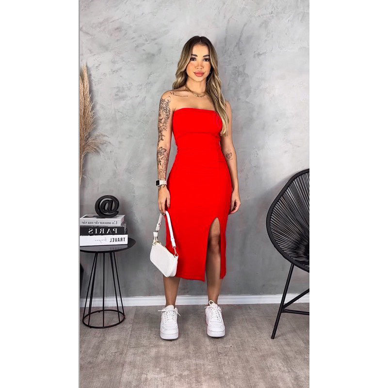 Vestido Midi tomara que caia com fenda